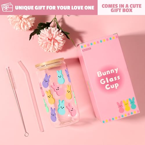 BOYIN HUES Easter Bunny Cup, Easter Gifts for Women Girls Kids, Teens Basket Stuffers, Cute 16oz Glass Iced Coffee Cup with Lid And Straw (Colour) - Image 2