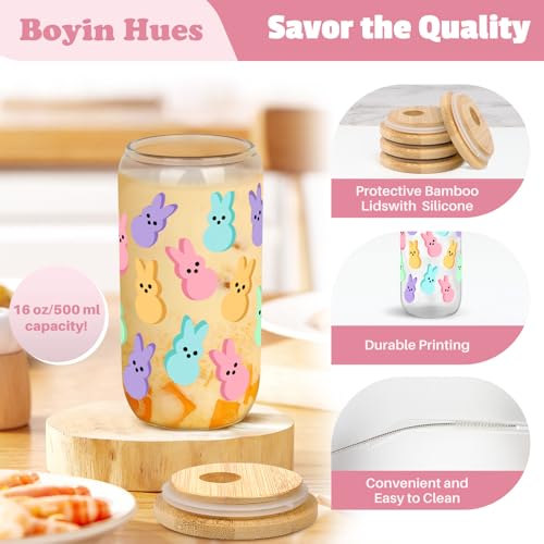 BOYIN HUES Easter Bunny Cup, Easter Gifts for Women Girls Kids, Teens Basket Stuffers, Cute 16oz Glass Iced Coffee Cup with Lid And Straw (Colour) - Image 4