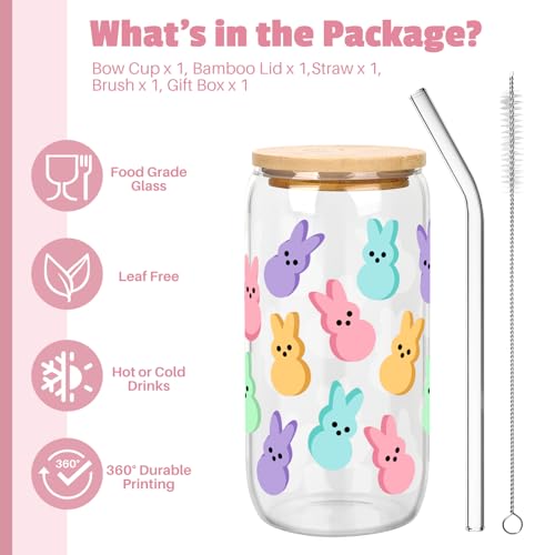 BOYIN HUES Easter Bunny Cup, Easter Gifts for Women Girls Kids, Teens Basket Stuffers, Cute 16oz Glass Iced Coffee Cup with Lid And Straw (Colour) - Image 3