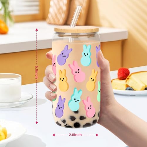 BOYIN HUES Easter Bunny Cup, Easter Gifts for Women Girls Kids, Teens Basket Stuffers, Cute 16oz Glass Iced Coffee Cup with Lid And Straw (Colour) - Image 5