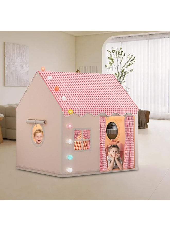 Large Kids Play Tent Indoor Playhouse with Checkered Roof, Premium Cotton Canvas Teepee for Boys & Girls, Portable Playroom Castle, 128x105x120cm - Image 3