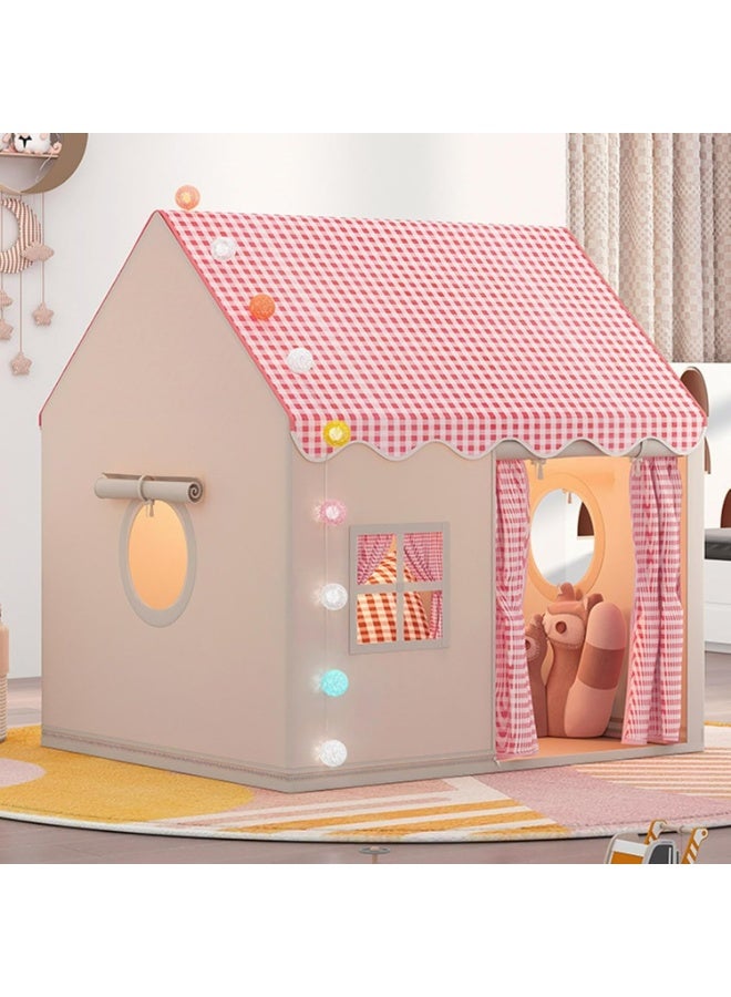 Large Kids Play Tent Indoor Playhouse with Checkered Roof, Premium Cotton Canvas Teepee for Boys & Girls, Portable Playroom Castle, 128x105x120cm - Image 4