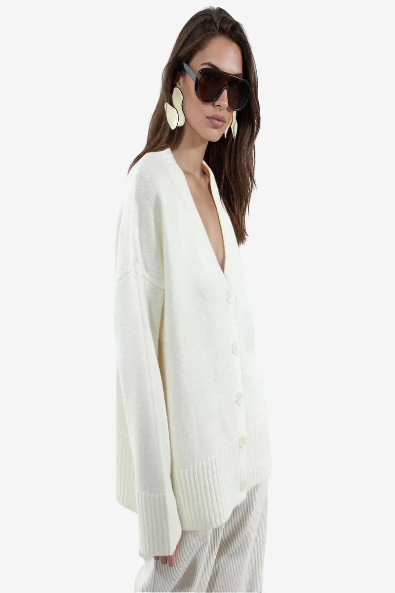 Viorna VIORNA Ribbed V-Neck Button Cardigan