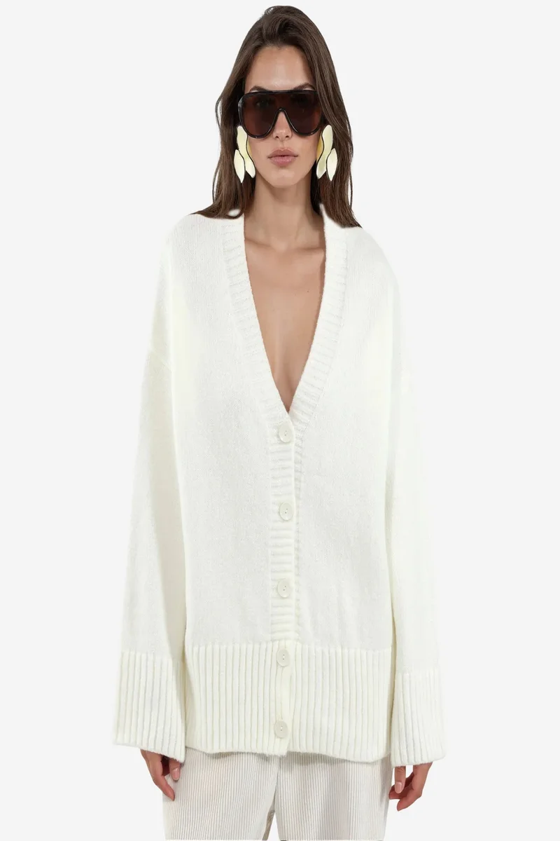 Viorna VIORNA Ribbed V-Neck Button Cardigan