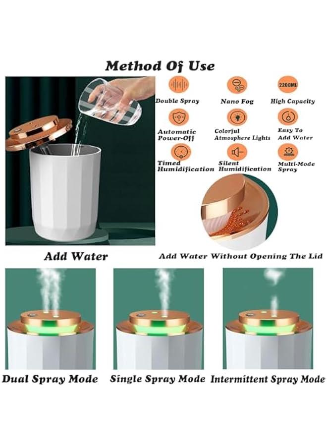 FYLX Air Humidifier 2.2L Ultrasonic Humidifiers Aroma Diffuser with 7 Colors LED Night LightsUSB port Double Nozzle 3 Mode Auto ShutOff Quiet Humidifier for Home Office Bedroom White - Image 3
