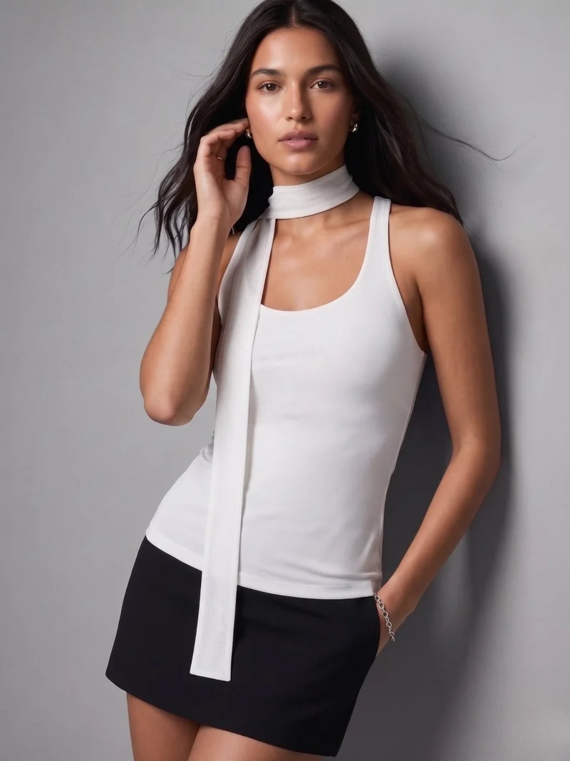 Outzidr  White Round Neck Scarf Detail Top for Women | Best Price UAE