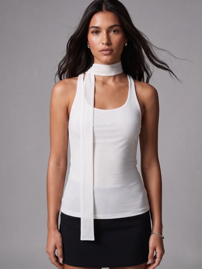 Outzidr  White Round Neck Scarf Detail Top for Women | Best Price UAE