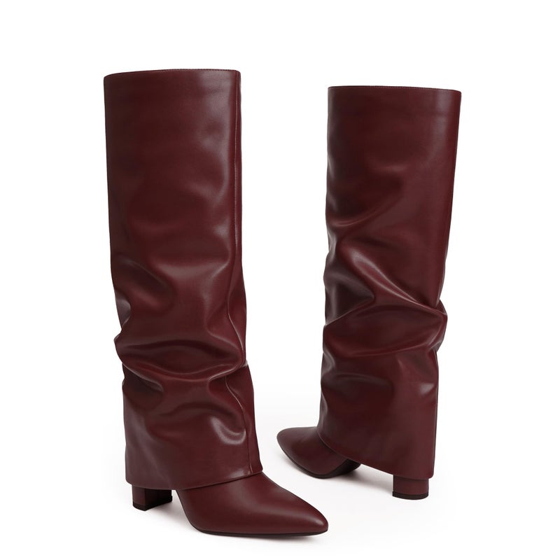 Modatope Womens Boots Burgundy Slouchy Fold Over Knee High Boots Chunky Heel Boots for Women Pointed Toe Tall Boots Dress Long Shark Boot Size 9.5 - Image 5
