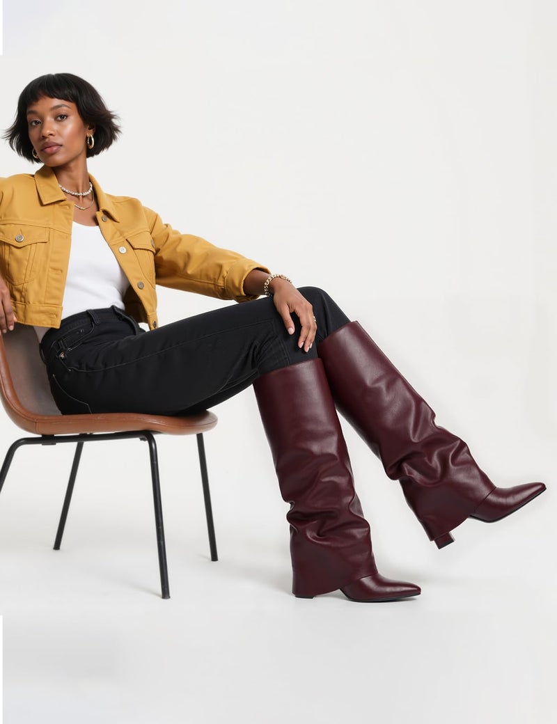 Modatope Womens Boots Burgundy Slouchy Fold Over Knee High Boots Chunky Heel Boots for Women Pointed Toe Tall Boots Dress Long Shark Boot Size 9.5 - Image 2