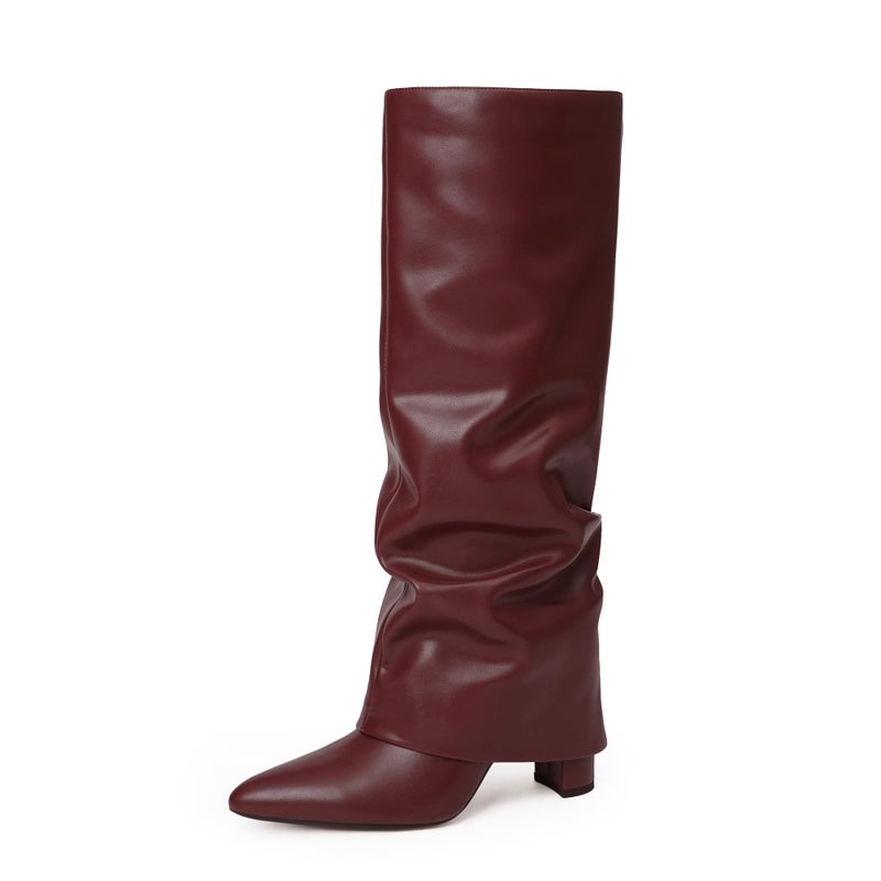 Modatope Womens Boots Burgundy Slouchy Fold Over Knee High Boots Chunky Heel Boots for Women Pointed Toe Tall Boots Dress Long Shark Boot Size 9.5 - Image 1