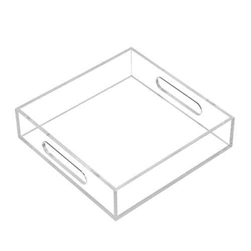 KEVLANG Clear Sturdy Acrylic Tray with Handles8x8x2HCountertop Organizer Tray for KitchenBathroomOffice Storage Box for Cosmetics JewelryToiletriesToyGadgets