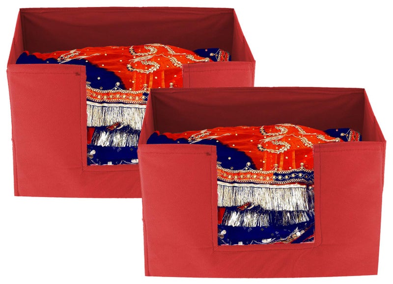 Kuber Industries 2 Pieces Large Capacity Space Saver Closet, Stackable and Foldable Saree, Clothes Storage Bag, Non-Woven Rectangle Cloth Saree Stacker Wardrobe Organizer (Red) CTKTC134608 - Image 1