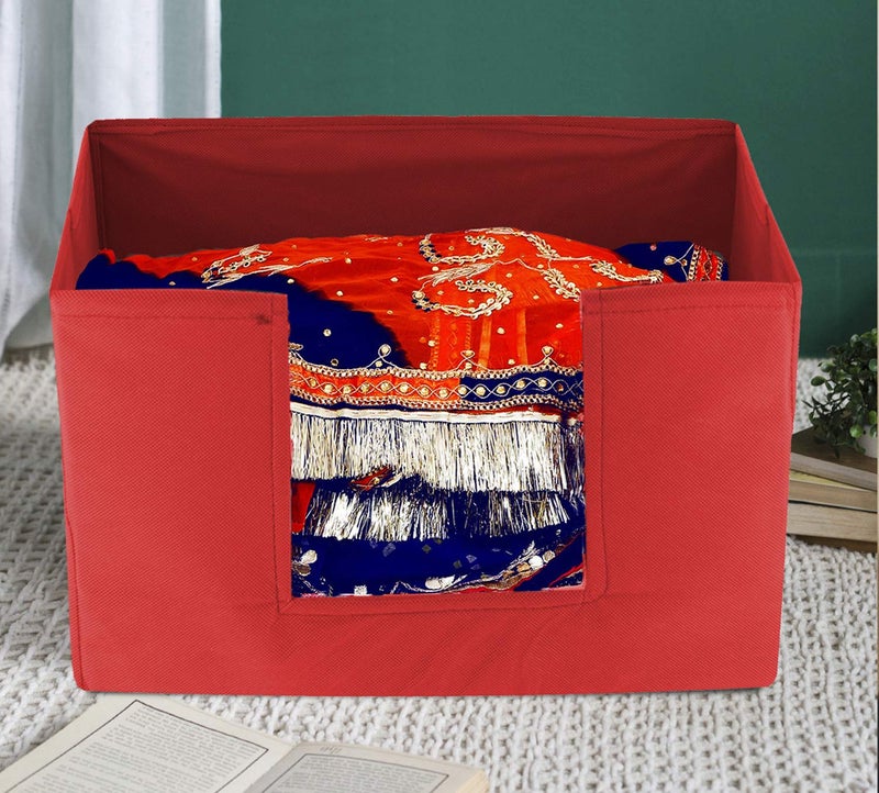 Kuber Industries 2 Pieces Large Capacity Space Saver Closet, Stackable and Foldable Saree, Clothes Storage Bag, Non-Woven Rectangle Cloth Saree Stacker Wardrobe Organizer (Red) CTKTC134608 - Image 2