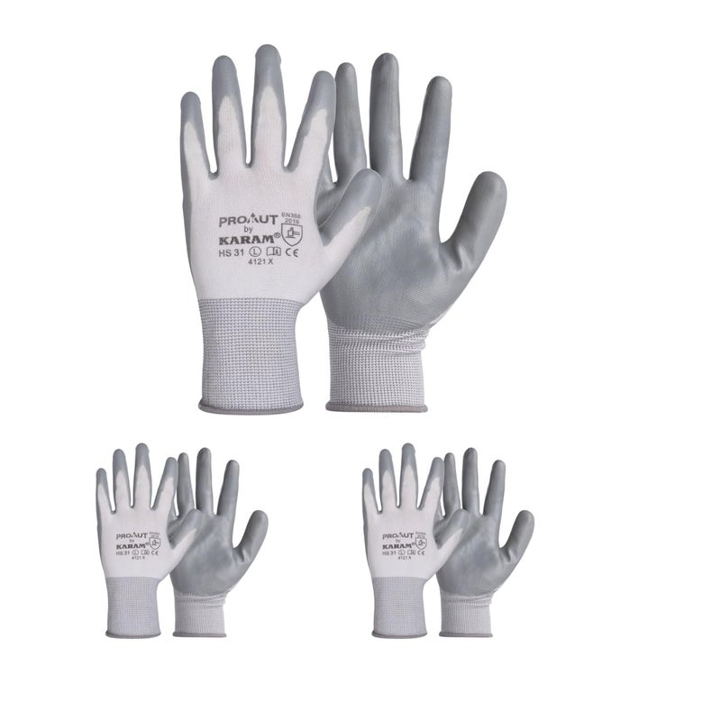 Karam HS31 Safety Gloves for Mechanical Risk | Safety Work Gloves with White Liner & Grey Nitrile Coating | Industrial Use | Cut Resistant | Abrasion, Tear & Puncture Resistant | Size-M | PACK OF 3 - Image 5