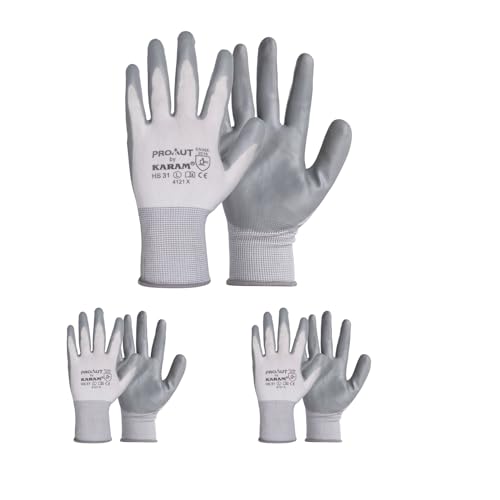 Karam HS31 Safety Gloves for Mechanical Risk | Safety Work Gloves with White Liner & Grey Nitrile Coating | Industrial Use | Cut Resistant | Abrasion, Tear & Puncture Resistant | Size-M | PACK OF 3 - Image 1