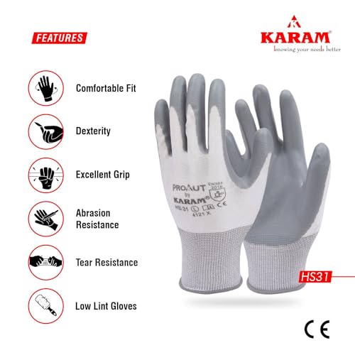 Karam HS31 Safety Gloves for Mechanical Risk | Safety Work Gloves with White Liner & Grey Nitrile Coating | Industrial Use | Cut Resistant | Abrasion, Tear & Puncture Resistant | Size-M | PACK OF 3 - Image 4