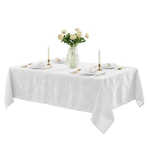 Newbridge Barcelona Luxury Damask Fabric Tablecloth, 60” Wide x 84” Rectangle, White, 100% Polyester, No Iron, Soil Resistant Dining Room, Party and Banquet Table Cover - Image 4