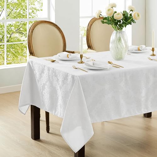 Newbridge Barcelona Luxury Damask Fabric Tablecloth, 60” Wide x 84” Rectangle, White, 100% Polyester, No Iron, Soil Resistant Dining Room, Party and Banquet Table Cover - Image 5