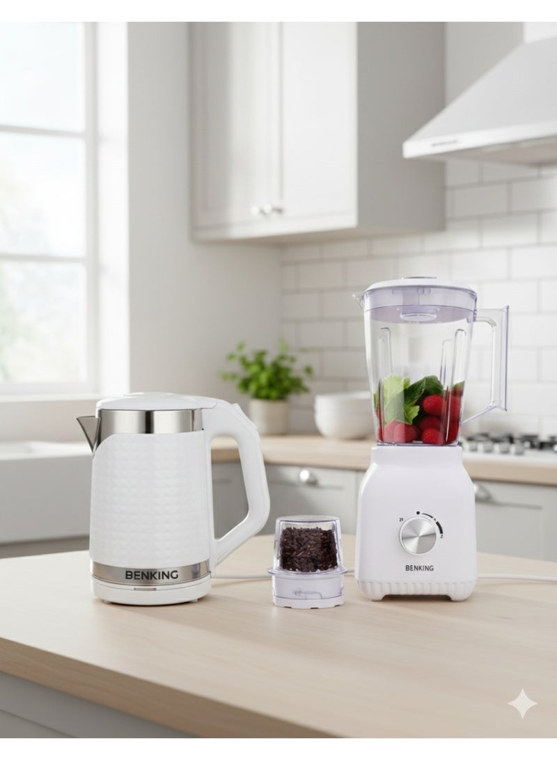 BENKING 3-in-1 Kitchen Appliance Set Electric Kettle (1.8L Auto Shutoff, Cool Touch Body) + 2-in-1 Blender & Juicer (550W, 1.5L Jug, Stainless Steel Blades, Ice Crushing, Smoothies & Shakes) – Kitchen Combo Pack - Image 2