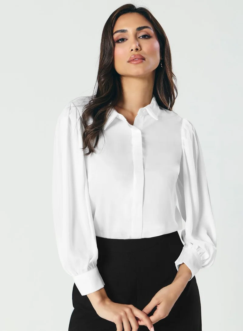 Zigzag Long Sleeve Satin White Shirt