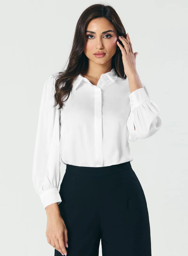 Zigzag Long Sleeve Satin White Shirt