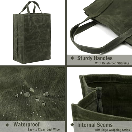 Kaaltisy Waxed Canvas Reusable Grocery Bag Heavy Duty Waxed Shopping Bag Self-Standing Vegan Farmers Market Bag, Tall, Hard Handfeel - Image 3