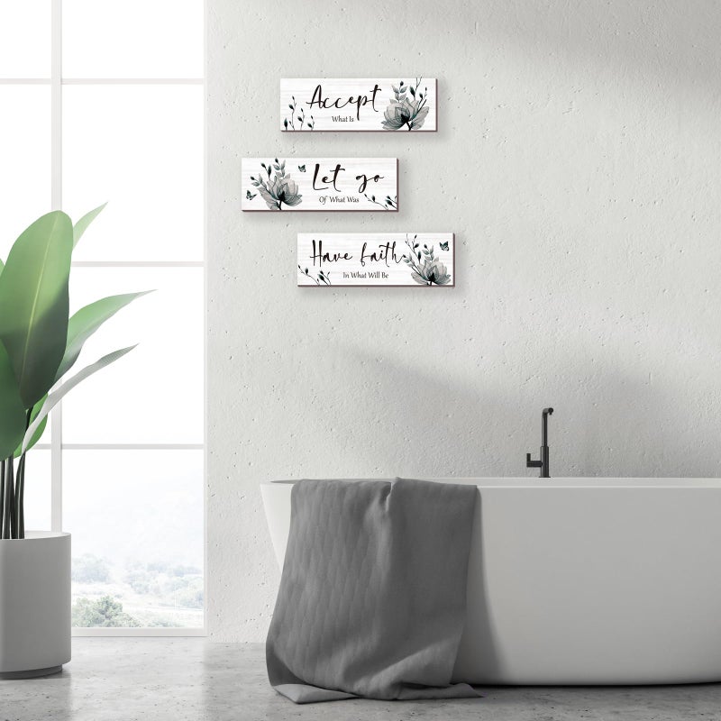 ONIZHITY 3 Pcs Black And White Bathroom Decor Rustic Flower Black Wall Art Accept Let Go Have Faith Farmhouse Bedroom Wall Decor Wooden Inspirational Quotes Grey Decoration for Living Room(Black,12 x 4 Inches) - Image 4