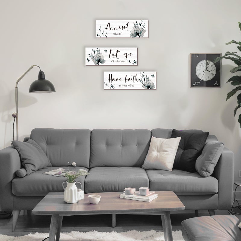 ONIZHITY 3 Pcs Black And White Bathroom Decor Rustic Flower Black Wall Art Accept Let Go Have Faith Farmhouse Bedroom Wall Decor Wooden Inspirational Quotes Grey Decoration for Living Room(Black,12 x 4 Inches) - Image 2