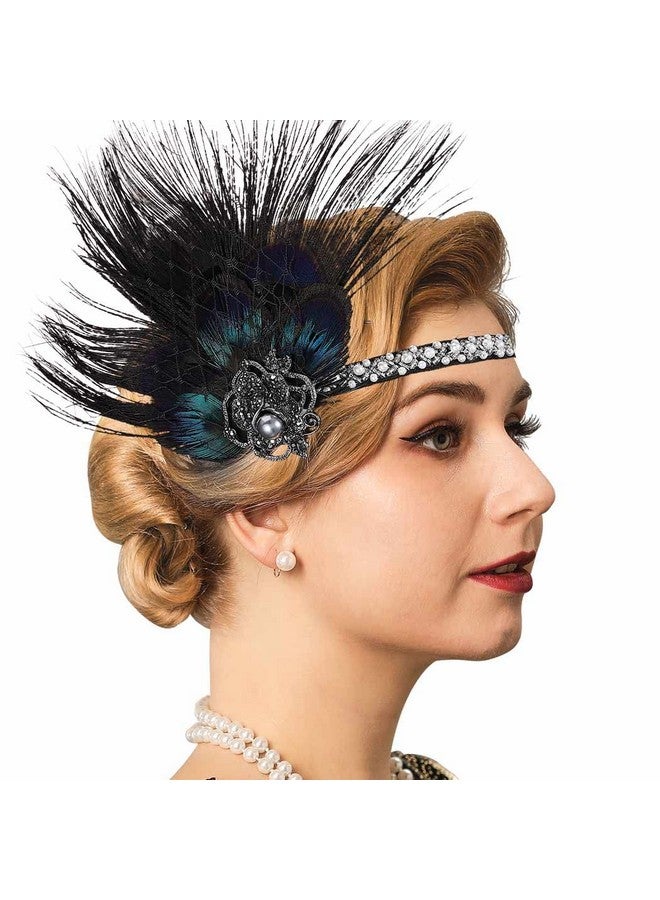 GENBREE Enbree 1920S Flapper Headpiece Black Feather Headband Rhinestone Gatsby Headpieces Party Prom Hair Accessories For Women  - Image 1