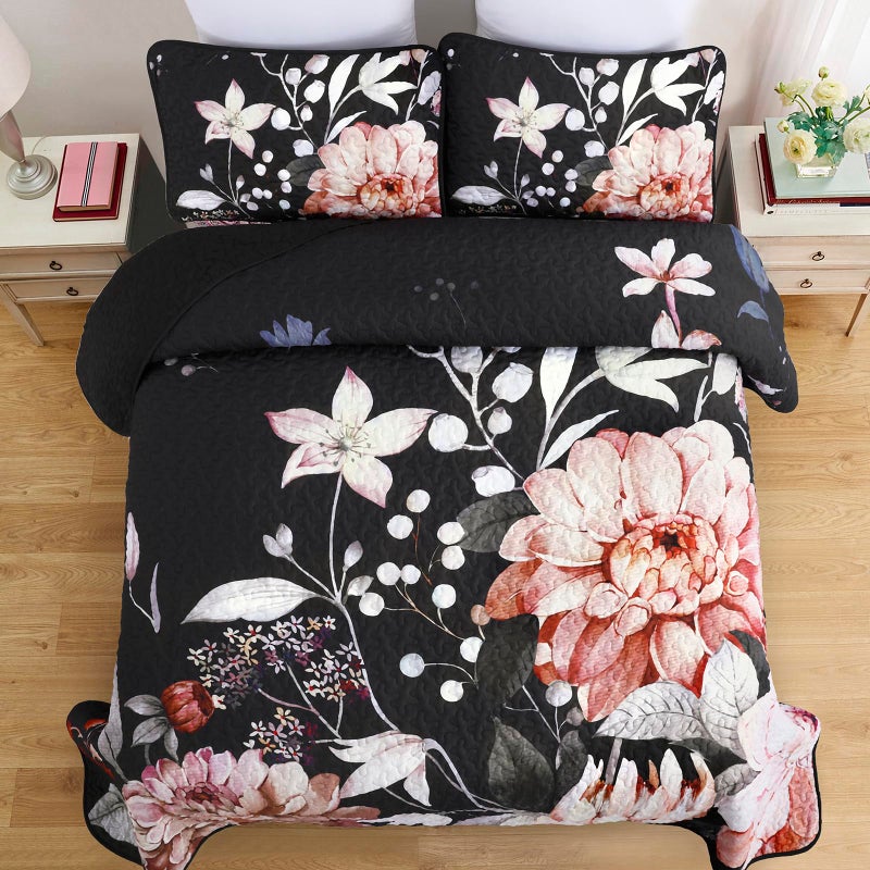 Drucon Floral Quilt Queen Size - 3 Pieces Black Quilt Botanical Bedspread Soft Lightweight Flower Bedding Set for All Season (96"x90") - Image 3