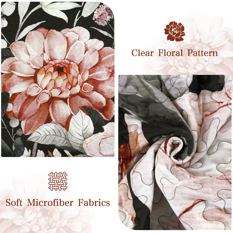 Drucon Floral Quilt Queen Size - 3 Pieces Black Quilt Botanical Bedspread Soft Lightweight Flower Bedding Set for All Season (96"x90") - Image 5