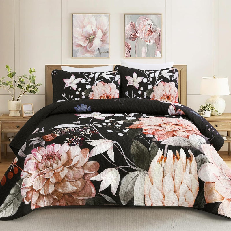 Drucon Floral Quilt Queen Size - 3 Pieces Black Quilt Botanical Bedspread Soft Lightweight Flower Bedding Set for All Season (96"x90") - Image 1