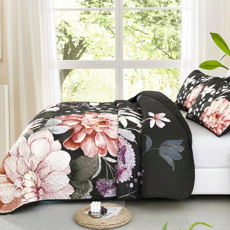 Drucon Floral Quilt Queen Size - 3 Pieces Black Quilt Botanical Bedspread Soft Lightweight Flower Bedding Set for All Season (96"x90") - Image 4