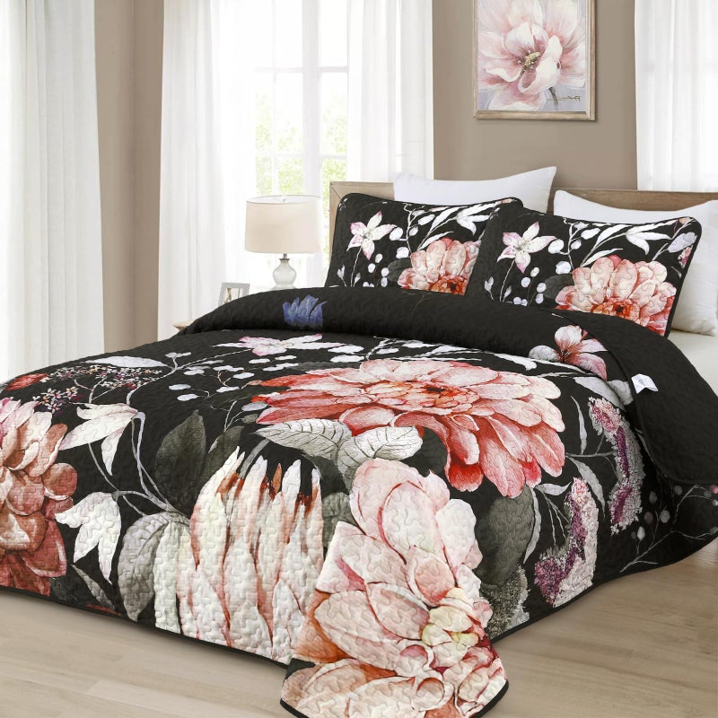 Drucon Floral Quilt Queen Size - 3 Pieces Black Quilt Botanical Bedspread Soft Lightweight Flower Bedding Set for All Season (96"x90") - Image 2