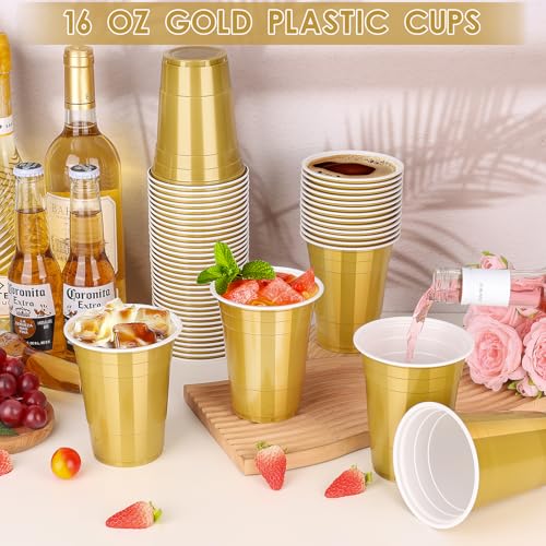 Dualshine 100 Pack 16 oz Gold Plastic Cups, Disposable Plastic Party Cups, Heavy Duty Drinking Water Cup for Wedding Birthday Graduation Valentine's Day Christmas Baby Shower Picnic Barbecues Supplies - Image 2