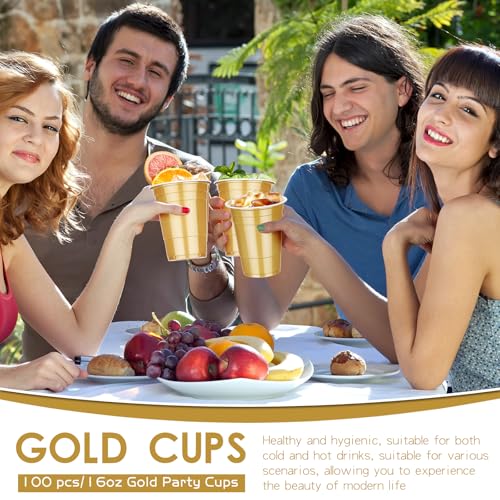 Dualshine 100 Pack 16 oz Gold Plastic Cups, Disposable Plastic Party Cups, Heavy Duty Drinking Water Cup for Wedding Birthday Graduation Valentine's Day Christmas Baby Shower Picnic Barbecues Supplies - Image 3