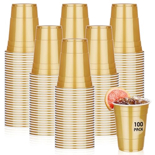 Dualshine 100 Pack 16 oz Gold Plastic Cups, Disposable Plastic Party Cups, Heavy Duty Drinking Water Cup for Wedding Birthday Graduation Valentine's Day Christmas Baby Shower Picnic Barbecues Supplies - Image 1