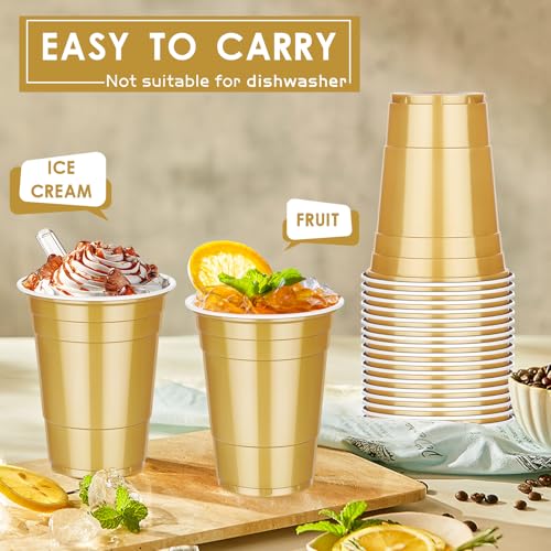 Dualshine 100 Pack 16 oz Gold Plastic Cups, Disposable Plastic Party Cups, Heavy Duty Drinking Water Cup for Wedding Birthday Graduation Valentine's Day Christmas Baby Shower Picnic Barbecues Supplies - Image 4