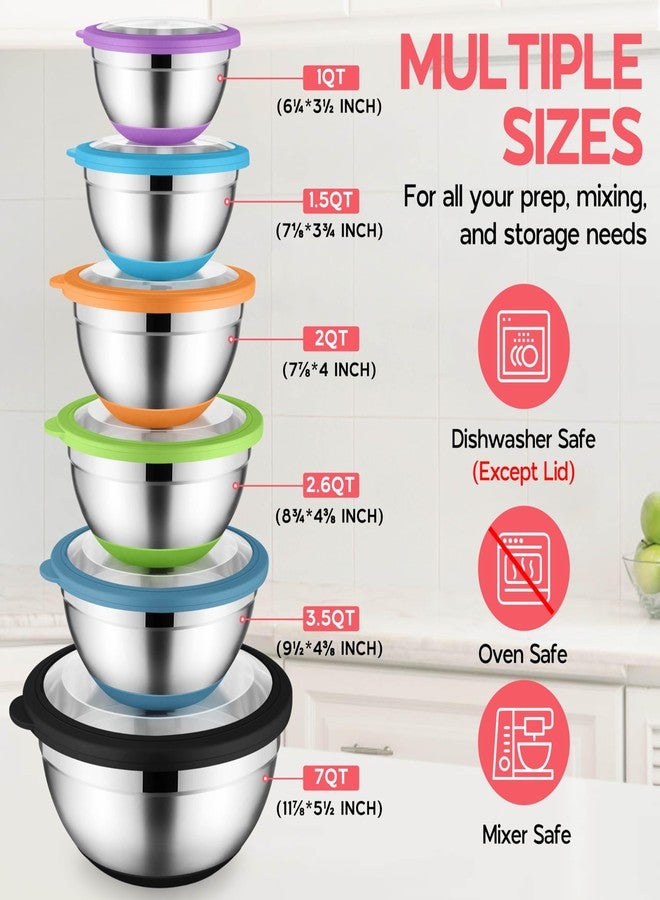 Onader Colorful Mixing Bowl Set of 6 for Kitchen, Large Stainless Steel Metal Nesting Mixing Bowls with Airtight Lids, Non Slip - Size 1, 1.5, 2, 2.6, 3.5, 7QT - Image 2
