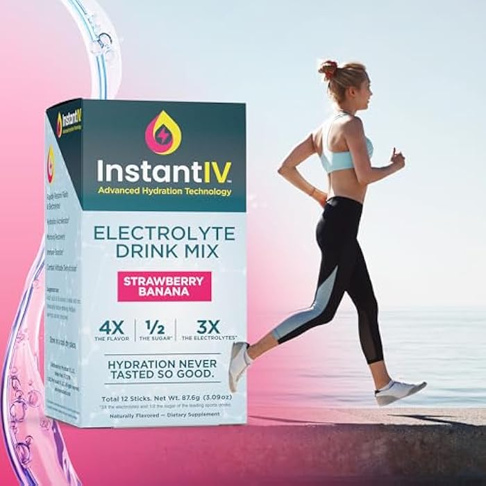 Instant IV Electrolytes Powder - 3X Electrolytes,1/2 Sugar with Vitamin C, B3, B6, Electrolytes Powder Packets for Hydration, Recovery & Immunity, Vegan & Gluten Free | Strawberry Banana - 12 Packets - Image 5