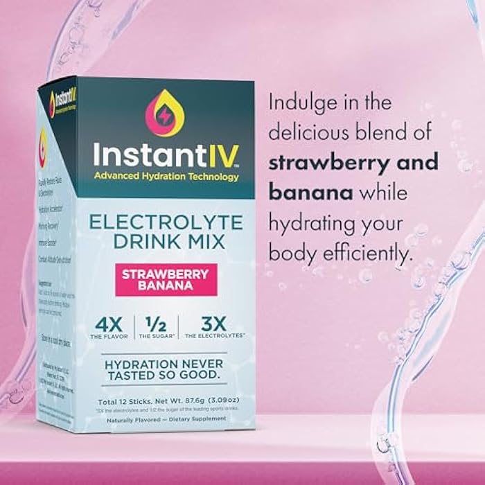 Instant IV Electrolytes Powder - 3X Electrolytes,1/2 Sugar with Vitamin C, B3, B6, Electrolytes Powder Packets for Hydration, Recovery & Immunity, Vegan & Gluten Free | Strawberry Banana - 12 Packets - Image 3
