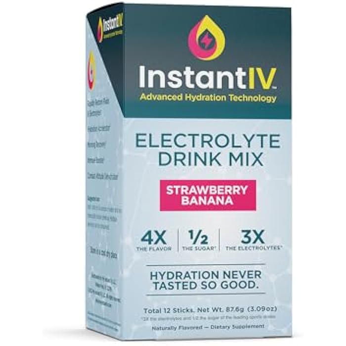 Instant IV Electrolytes Powder - 3X Electrolytes,1/2 Sugar with Vitamin C, B3, B6, Electrolytes Powder Packets for Hydration, Recovery & Immunity, Vegan & Gluten Free | Strawberry Banana - 12 Packets - Image 1