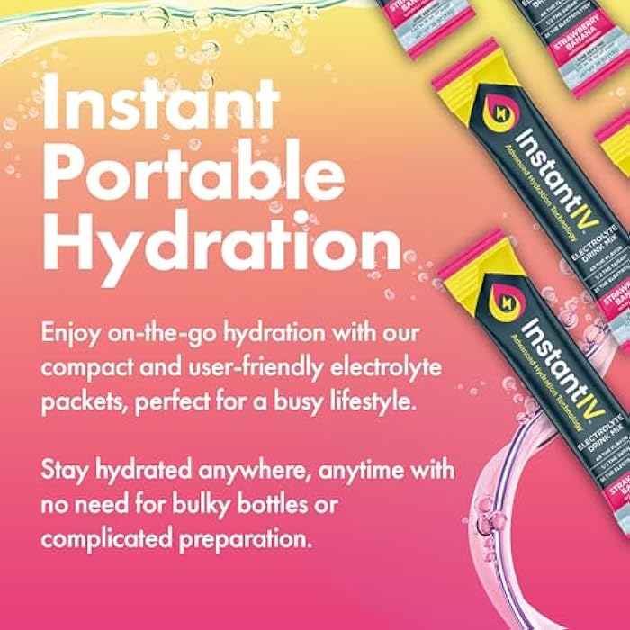 Instant IV Electrolytes Powder - 3X Electrolytes,1/2 Sugar with Vitamin C, B3, B6, Electrolytes Powder Packets for Hydration, Recovery & Immunity, Vegan & Gluten Free | Strawberry Banana - 12 Packets - Image 4