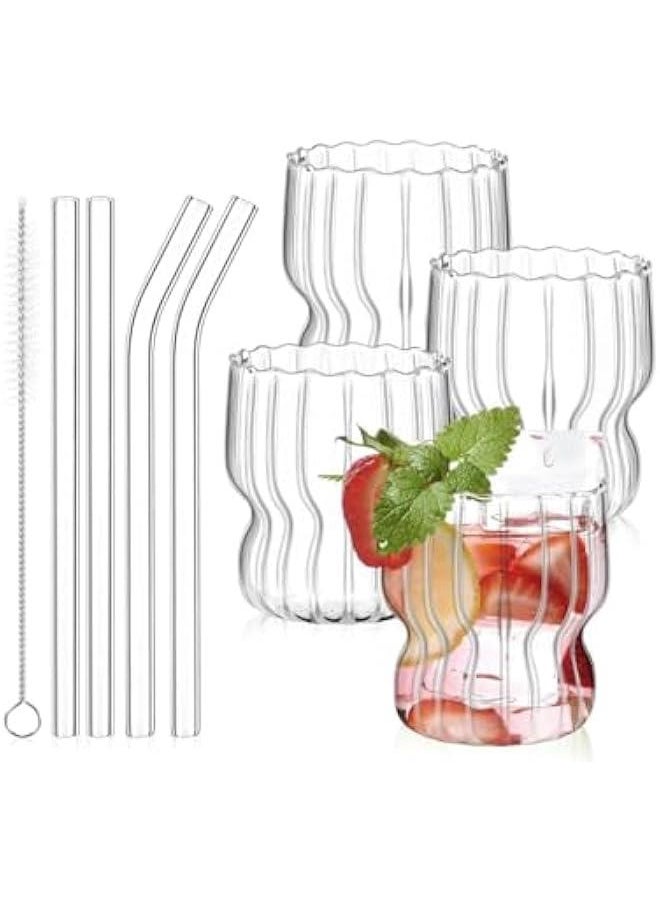 HOOKOR Set of 4 Ribbed Glasses with Bamboo Lids and Glass Straws, Fluted Vintage Rippled Clear Glassware, Origami Drinking Glasses for Juice, Beer, Iced Coffee, Tea and Cocktails (Corrugated glass)  - Image 1