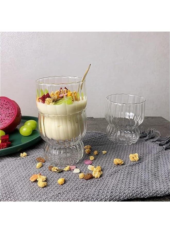 HOOKOR Set of 4 Ribbed Glasses with Bamboo Lids and Glass Straws, Fluted Vintage Rippled Clear Glassware, Origami Drinking Glasses for Juice, Beer, Iced Coffee, Tea and Cocktails (Corrugated glass)  - Image 2