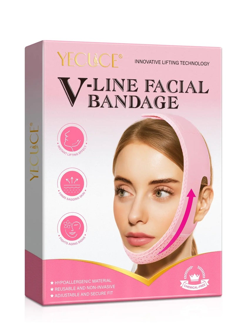 Yecuce V Line Facial Bandage Double Chin Reducer Strap V Shaped Face Chin Up Belt Reduce Sagging and Fights Aging Signs Lift Jawline Face Slimming Patch V Line Face Lifting Mask Light Pink  - Image 1