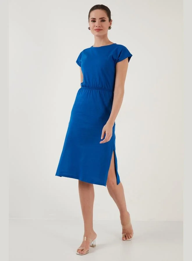 ليلا فستان ميدي بأكمام قصيرة وفتحتين من قطن ليلا للنساء