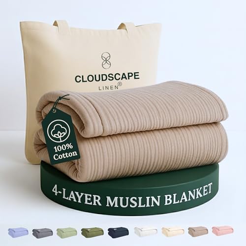 CloudScape Linen Cloud Scape Linen 4 Layer Oversized Muslin Blanket King Size - 100% Cotton, Lightweight & Breathable All Season Blanket for Bed, fits California King, 92x108, Beige Fog - Image 3