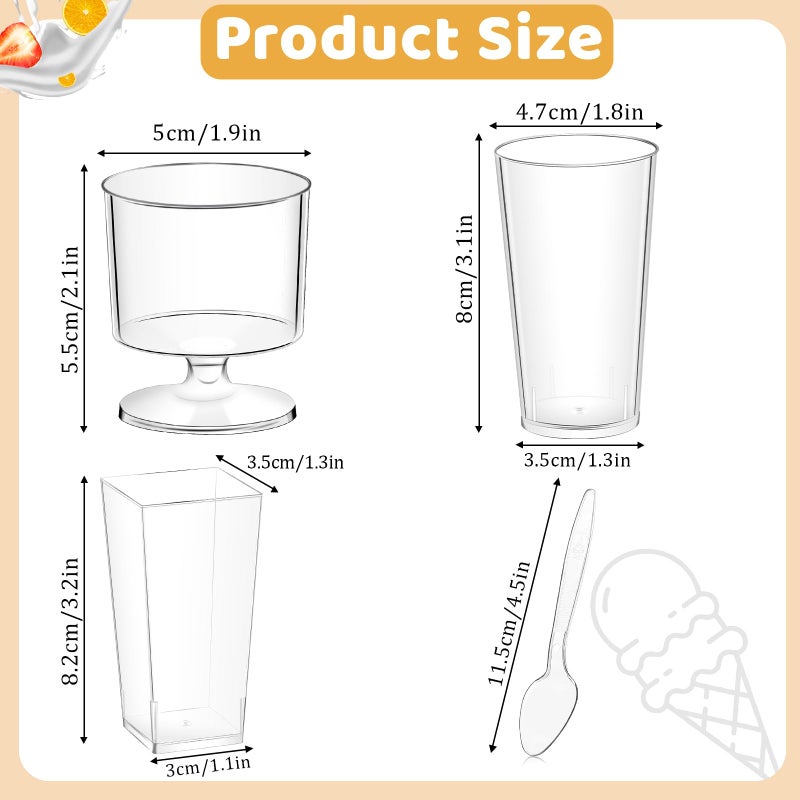 ALEXPRE 240 Packs 2/3 oz Mini Dessert Cups with Spoons, Square/Round/Round Goblet Clear Dessert Parfait Cups, Mini Plastic Dessert Cups Small Reusable Fruit Ice Cream Pudding Appetizer Cup Bowls - Image 2