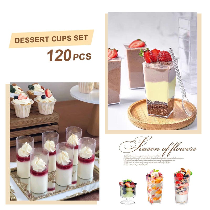 ALEXPRE 240 Packs 2/3 oz Mini Dessert Cups with Spoons, Square/Round/Round Goblet Clear Dessert Parfait Cups, Mini Plastic Dessert Cups Small Reusable Fruit Ice Cream Pudding Appetizer Cup Bowls - Image 4